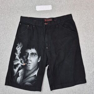 VINTAGE Scarface Men Shorts 38 Black Denim Tony Pacino Baggy Grunge Skater Y2K